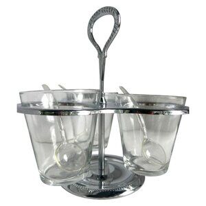 MCM Irvinware Chrome Plated Glass Condiment Caddy Set W/3‎ Glass Cups Spoons USA